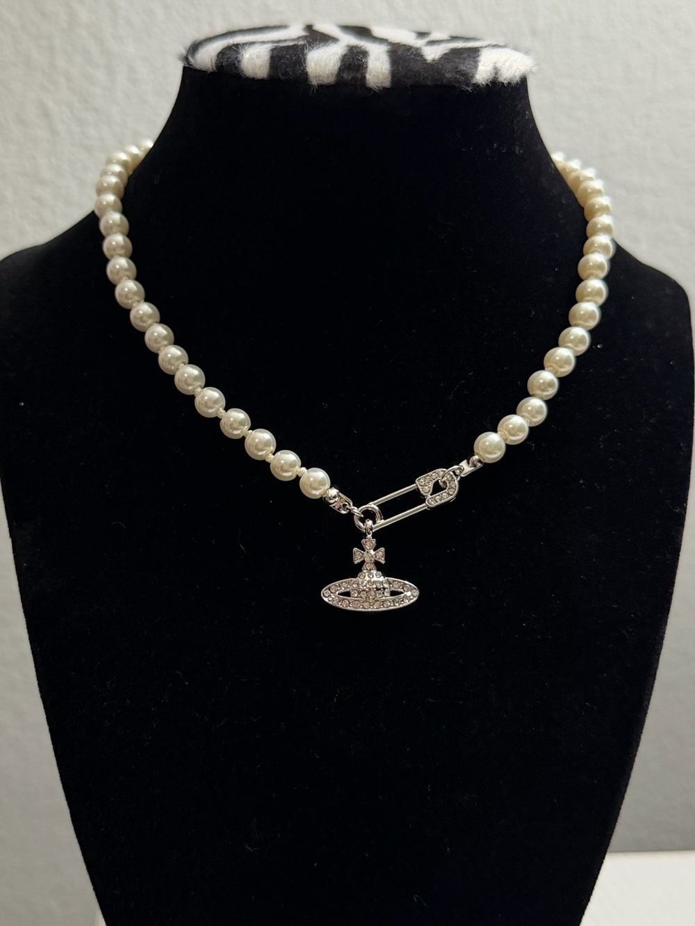 Vivienne Westwood White Pearl Necklace with Silver Orb and Safety-Pin Charm